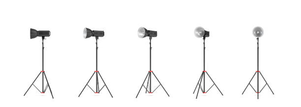 istock 3d rendering of a studio photo flash with reflector stand in different angles. 875335354