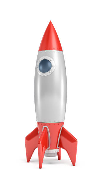 istock 3d rendering of a single silver and red rocket ship with a round porthole isolated on a white background. 875335428