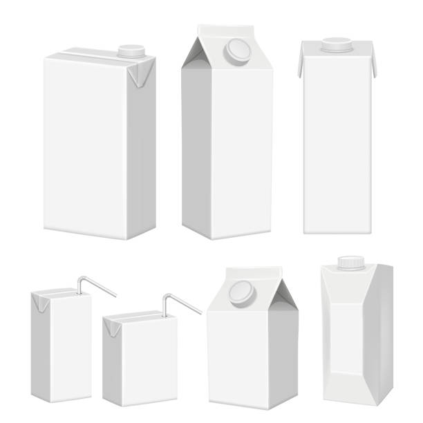 벡터 현실적인 흰색 빈 주스 판지 패키지 템플릿 세트 - 우유팩 stock illustrations