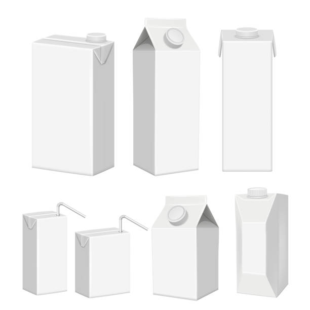 Vector realistic white blank juice carton package template set Vector set of juice cartons. White blank juice paper package realistic templates, mockups isolated on white background. milk carton stock illustrations