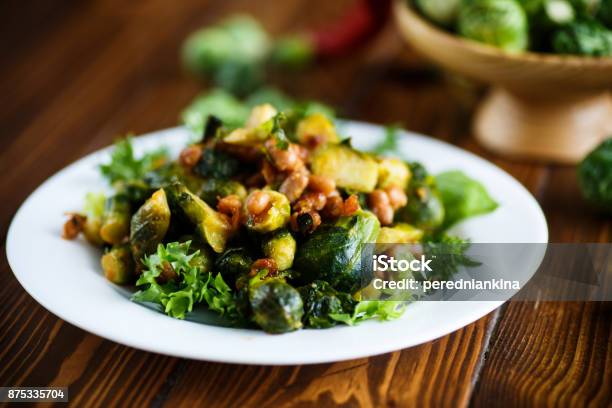 Brussels Sprouts Fried With Beans Closeup Stock Photo - Download Image Now - Brussels Sprout, Salad, Fried