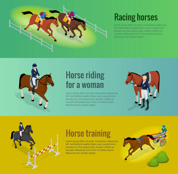 Isometric web equestrian horizontal banners with horserace awards equipment and repetition before competition vector illustration. Jockey on horse. Isometric web equestrian horizontal banners with horserace awards equipment and repetition before competition vector illustration. Jockey on horse arab man riding horse stock illustrations