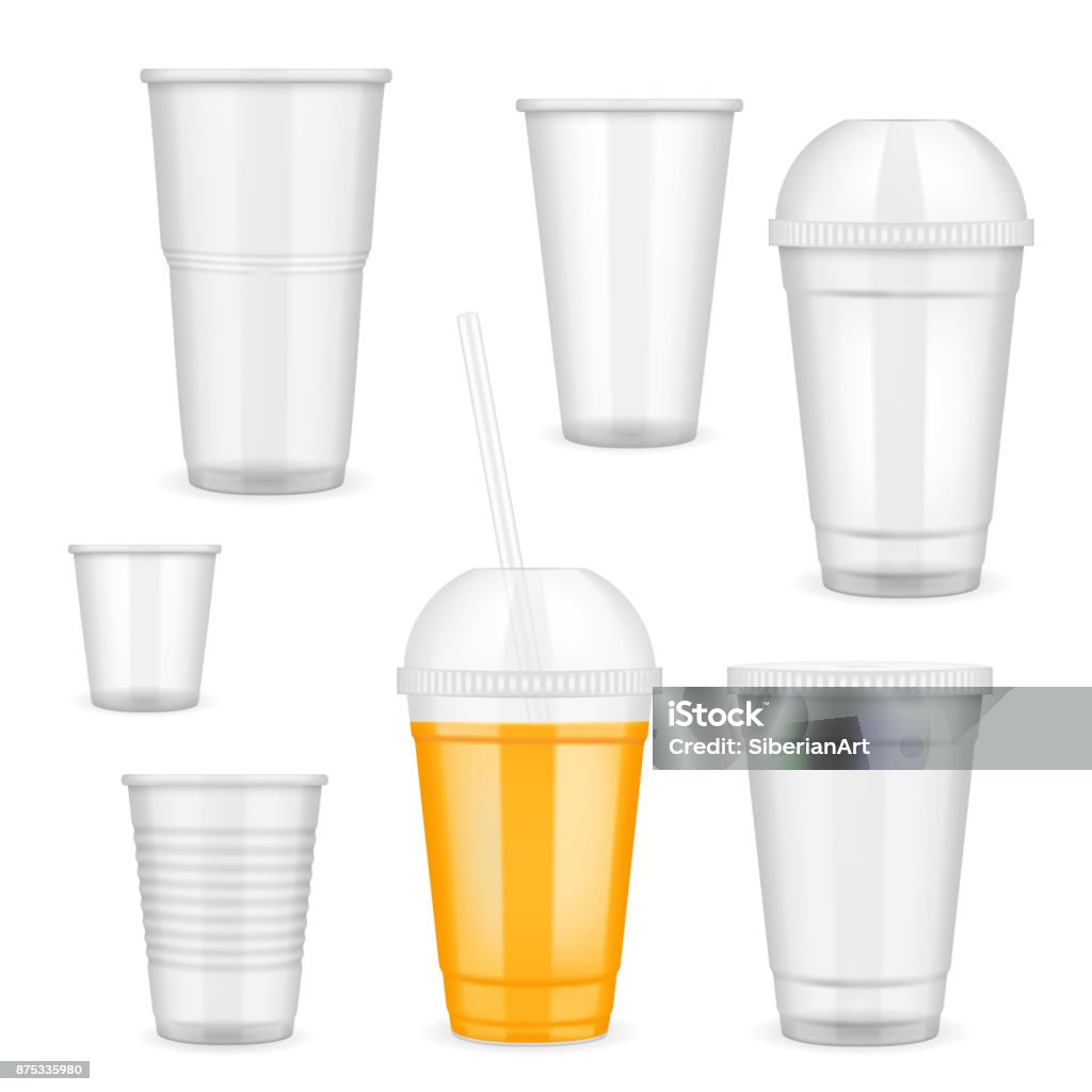 Vector realistic transparent disposable plastic cup set Vector filled and empty transparent disposable plastic cup set. Container for cold, hot drink realistic templates. Drinking Glass stock vector