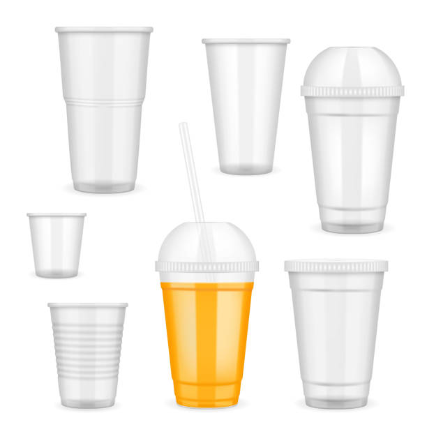 Vector realistic transparent disposable plastic cup set Vector filled and empty transparent disposable plastic cup set. Container for cold, hot drink realistic templates. disposable cup stock illustrations