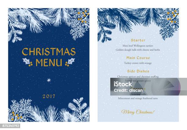 Kerstmenu Met Witte Groenblijvende Silhouetten Stockvectorkunst en meer beelden van Kerstmis - Kerstmis, Blauw, Winter
