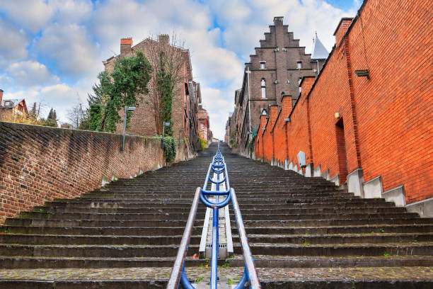 Extreme staircase Liege Beautiful cityscape of the 374-step long staircase Montagne de Bueren, a popular landmark and tourist attraction in Liege, Belgium liege belgium stock pictures, royalty-free photos & images