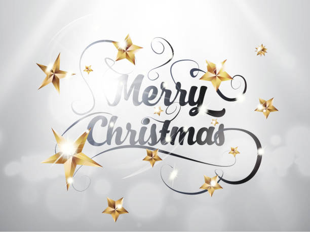 istock Merry Christmas hand draw lettering text with gold stars on silver background and light effect. EPS vector illustration. 875342860