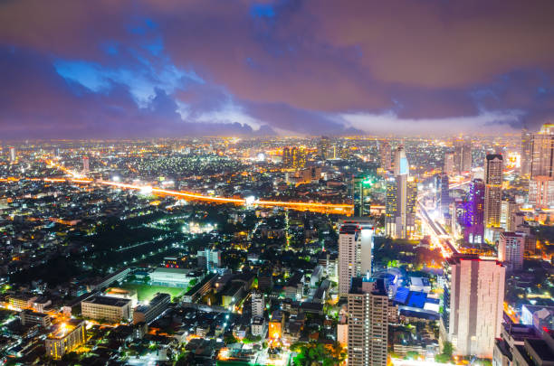 Panoramic view Cityscape business district from aerial view high building at dusk (Bangkok, Thailand)