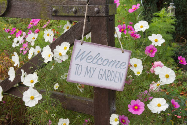 Welcome to garden sign among Cosmos flowers. stock photo