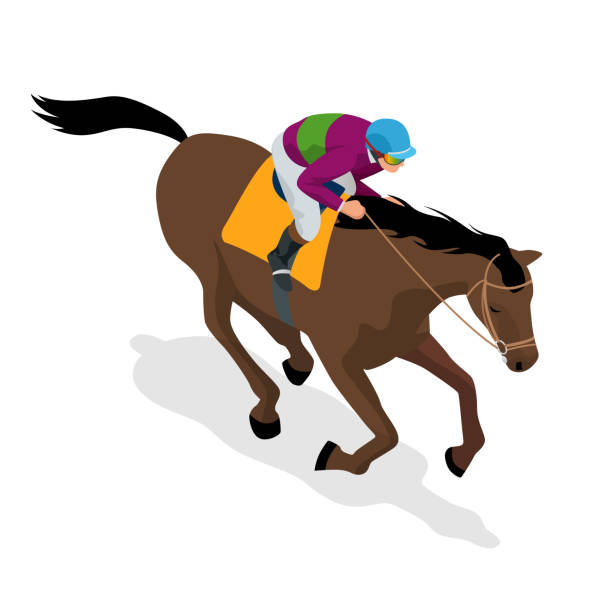 Isometric Jockey on horse, champion, horse riding. Equestrian sport. Jockey riding jumping horse. Poster. Sport background. Vector Illustration. Isometric Jockey on horse, champion, horse riding. Equestrian sport. Jockey riding jumping horse. Poster. Sport background. Vector Illustration arab man riding horse stock illustrations
