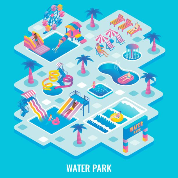 ilustraciones, imágenes clip art, dibujos animados e iconos de stock de concepto de parque de agua vector ilustración planos isométrico - parque de atracciones ilustraciones