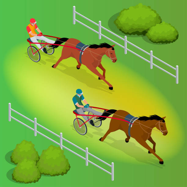 Isometric Jockey and horse. Two racing horses competing with each other. Race in harness with a sulky or racing bike. Vector illustration. Isometric Jockey and horse. Two racing horses competing with each other. Race in harness with a sulky or racing bike. Vector illustration. Equestrian sport arab man riding horse stock illustrations