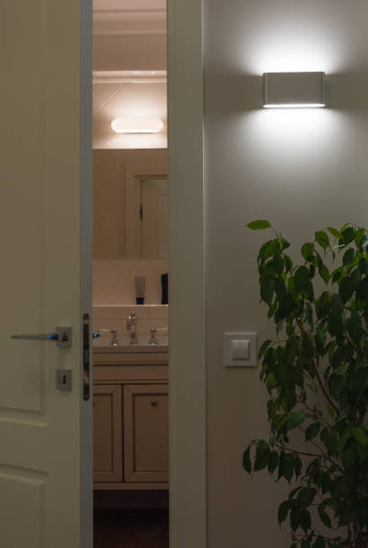 istock Wall LED lamps in the interior. Open white door to the bath 875352576