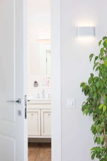istock Modern wall lamp, bright white interior. The door ajar to the bathroom 875352578