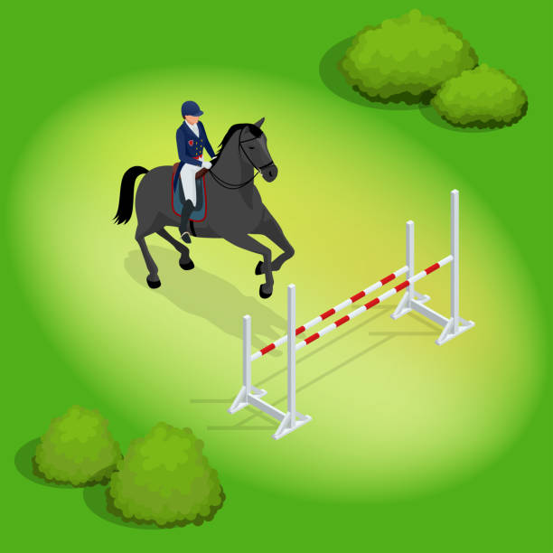 isometrische nachwuchsfahrer mädchen sprung am pferd springreiten wettbewerb durchführen. pferdesport hintergrund. vektor-illustration. rennpferde und lady jockey in uniform. - horse show jumping jumping performance stock-grafiken, -clipart, -cartoons und -symbole