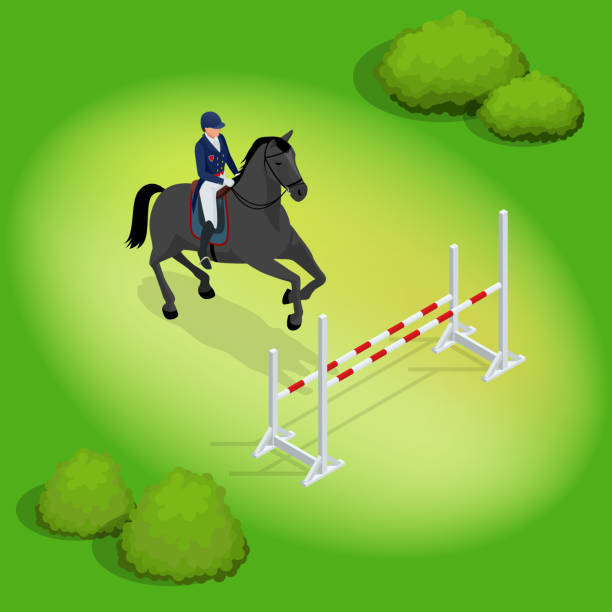 Isometric young rider girl performing jump at horse show jumping competition. Equestrian sport background. Vector illustration. Racehorses and lady jockey in uniform. Isometric young rider girl performing jump at horse show jumping competition. Equestrian sport background. Vector illustration. Racehorses and lady jockey in uniform. Equestrian sport arab man riding horse stock illustrations