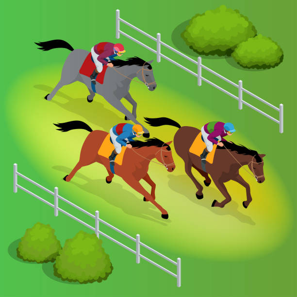 Isometric galloping race horses in racing competition competing with each other. Vector illustration. Equestrian sport Isometric galloping race horses in racing competition competing with each other. Vector illustration. Equestrian sport. Harness racing at the Hippodrome. arab man riding horse stock illustrations