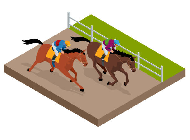 illustrazioni stock, clip art, cartoni animati e icone di tendenza di cavalli da corsa isometrici al galoppo nelle competizioni di corse in competizione tra loro. illustrazione vettoriale. sport equestre. imbracatura in gara all'ippodromo. - steeplechasing