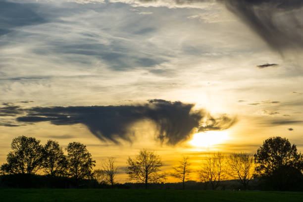 istock Orange sky with dramatic clouds as sunset on landscape with wide meadow and trees 875359130