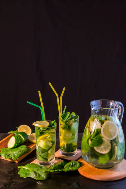 istock Water with lemon, green apple, spinach and cucumber on a dark textured table. 875359294