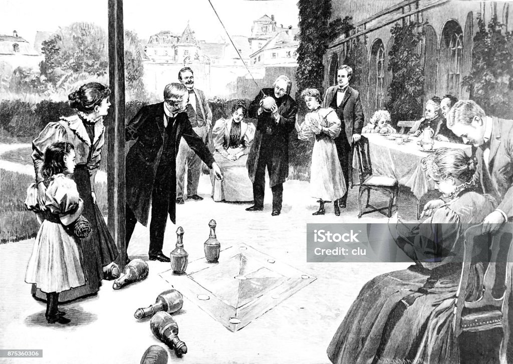 Sunday afternoon in the parish priest's garden: couples play bowling Illustration from 19th century Germany stock illustration