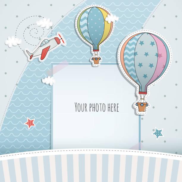 Holiday card design with ballloon and plane. Baby shower. Paper, scrapbook. Holiday card design with ballloon and plane. Baby shower. Paper, scrapbook. airplane patterns stock illustrations