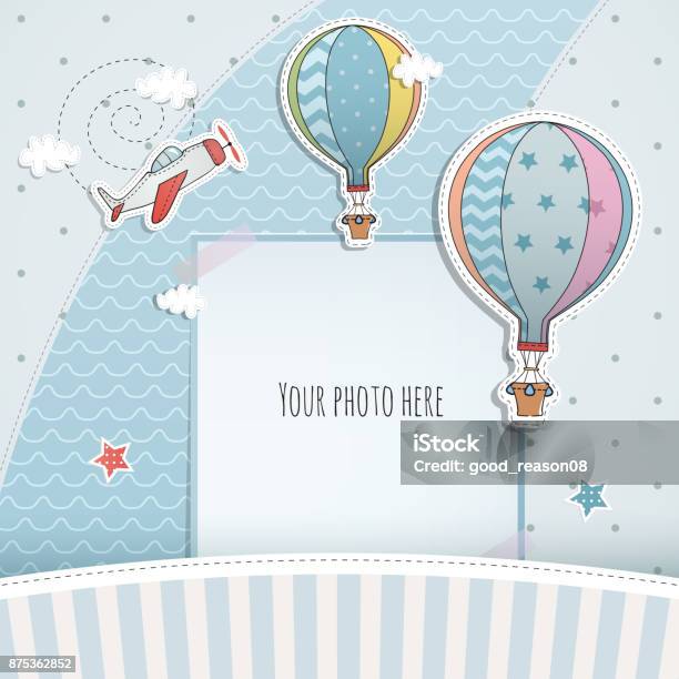 Holiday Card Design With Ballloon And Plane Baby Shower Paper Scrapbook Stock Illustration - Download Image Now