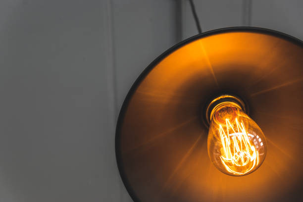 istock Close up of filament inside warm light bulb with lam 875362880