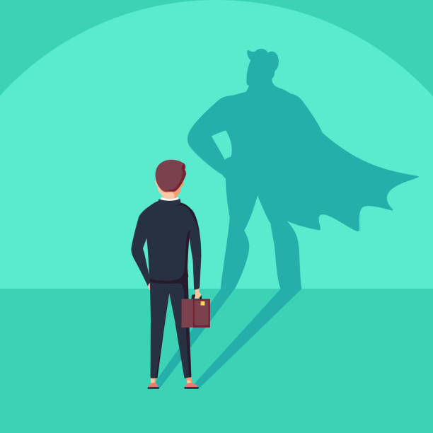 ilustrações de stock, clip art, desenhos animados e ícones de business ambition and success vector concept. businessman with superhero shadow as symbol of power, leadership. - superhero humor men cape