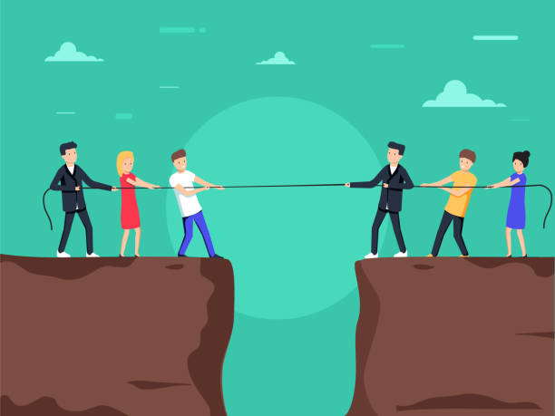 ilustrações de stock, clip art, desenhos animados e ícones de competition concept. business people. businessmen in suit pull the rope at edge of cliff, symbol of rivalry. - people strength leadership remote