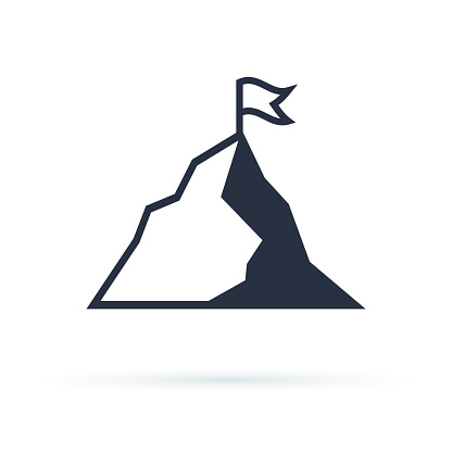 Mountain with flag vector icon illustration isolated on white background. Success icon. Peak of mountain as aim achievement or leadership illustration.