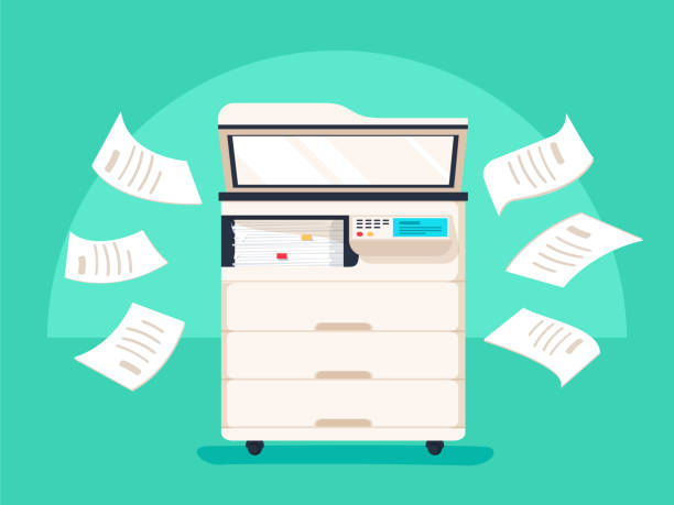 Office multifunction printer scanner. Copier with flying paper isolated on background. Copy machine Office multifunction printer scanner. Copier with flying paper isolated on background. Copy machine with pile of documents, stack of papers. Vector cartoon illustration. Flat design focus on foreground illustrations stock illustrations