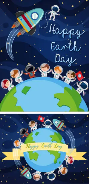 Vector illustration of Happy earth day poster with kids in space