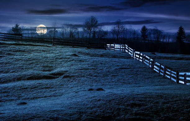 wooden fence on grassy hillside in autumn. wonderful rural scenery in fine weather with cloudy sky at night in full moon light