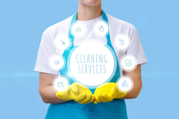 istock Cleaning woman showing cleaning services. 875366344