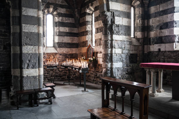 Saint Peter church, Portovenere, Italy The gothic black and white stone interior of the 12th century San Pietro church in the town of Porto Venere or Portovenere in the La Spezia province of the Liguria region in northern Italy church of san pietro photos stock pictures, royalty-free photos & images