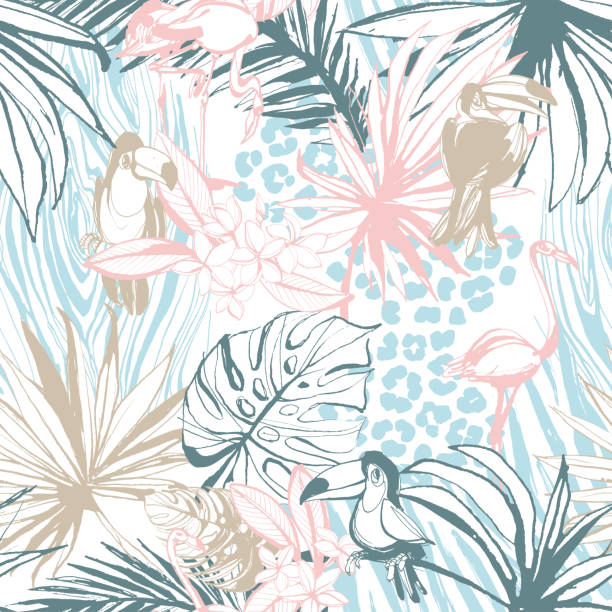illustrazioni stock, clip art, cartoni animati e icone di tendenza di inchiostro modello senza cuciture disegnato a mano foglie di palma tropicale uccelli animali - white pink flamingo blue