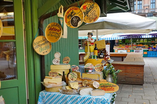 Wide selection of chees  at the Viktualienmarkt which is located at Munich's city centre nearby Marienplatz. This market is a permanent market for food in the old town of Munich. It has been held daily since 1807, except on Sundays and holidays.