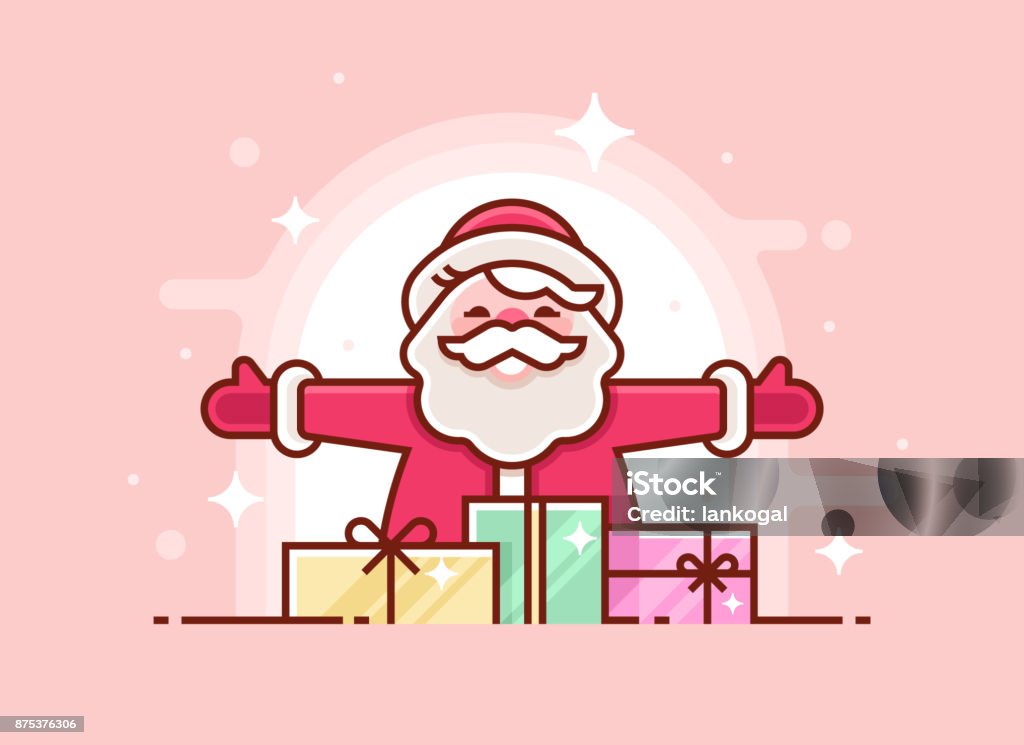 Christmas greeting card with Santa Claus smiling and gifts. Thin line xmas invitation. Vector illustration. Logo stock vector