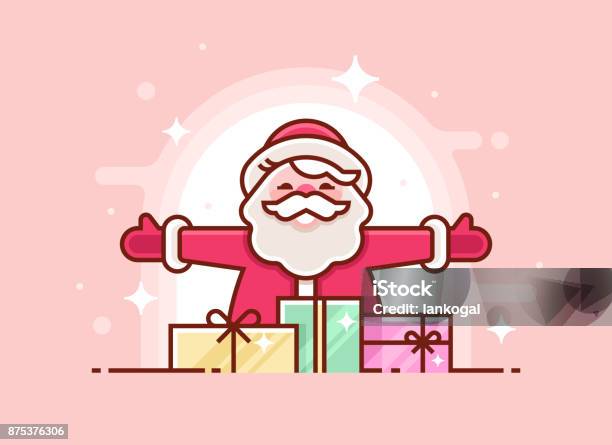 Christmas Greeting Card With Santa Claus Smiling And Gifts Thin Line Xmas Invitation Vector Illustration Stock Illustration - Download Image Now