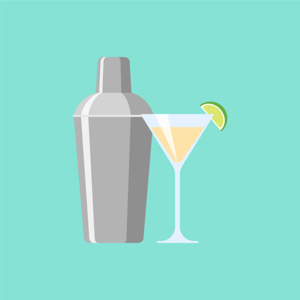 shaker mit cocktail. abbildung flaches designstil - cocktailshaker stock-grafiken, -clipart, -cartoons und -symbole