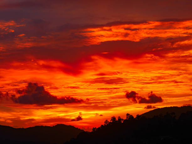 istock Twilight beautiful evening cloudy sky  after sunset background . There are silhouette mountains and trees. 875387920