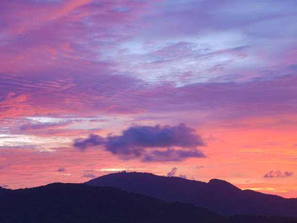istock Twilight beautiful evening cloudy sky  after sunset background . There are silhouette mountains and trees. 875387962