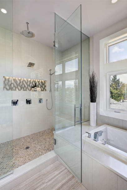 istock Luxury bathroom interior with large walk-in shower 875390604