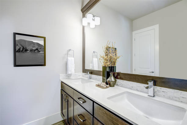 istock Lovely bathroom with dark brown vanity cabinet 875390656
