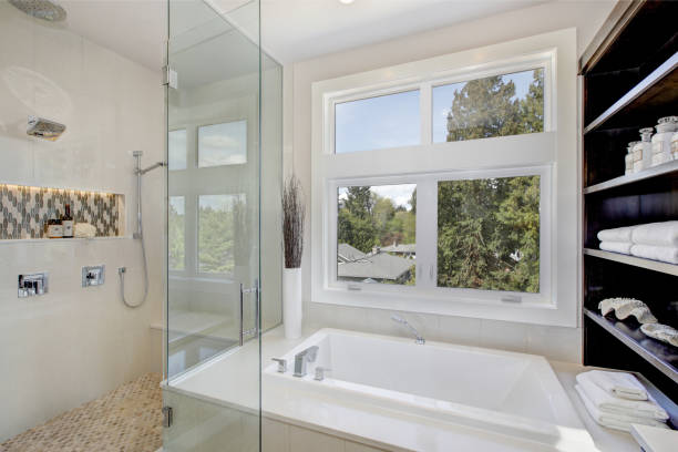 istock Luxury bathroom interior with large walk-in shower 875391348