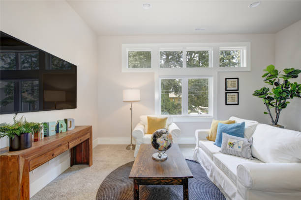 istock Nice family room with pure white sofas 875394316
