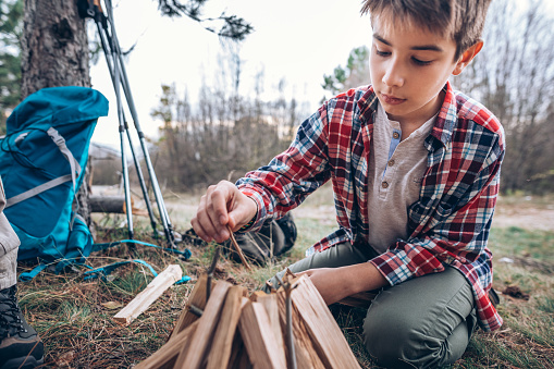 Photo of boy making campfire in forest