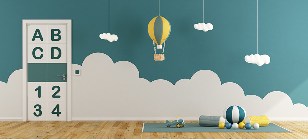 Blue playroom for baby boys with toys on carpet, hot air balloon and closed door - 3d rendering\n