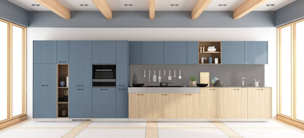 istock Modern wooden and purple kitchen 875398816